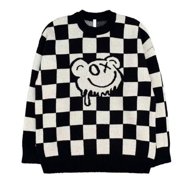 画像1: kaws bear x checkered damier sweater　 男女兼用 ユニセックスカウズベア×ダミエチェックセーター プルオーバニット (1)