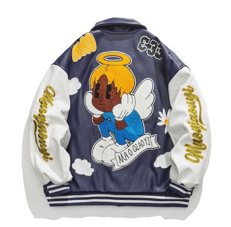 画像4: flying black angel embroidery baseball uniform jacket blouson ユニセッ クス男女兼用ブラックエンジェル刺繍レザージャケットスタジアムジャンパー スタジャン ジャケットブルゾン (4)