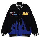 画像1: fire stitch patch embroidered flame jacket baseball uniform jacket blouson　ユニセッ クス男女兼用ファイアーステッチジャケットスタジアムジャンパー スタジャン ジャケットブルゾン (1)