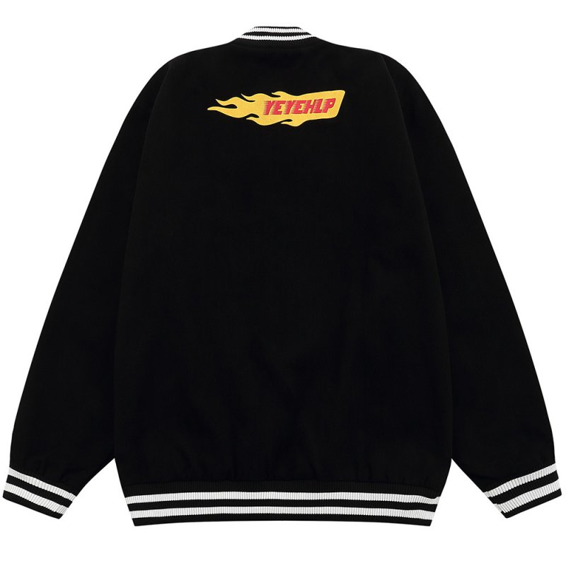 画像2: fire stitch patch embroidered flame jacket baseball uniform jacket blouson ユニセッ クス男女兼用ファイアーステッチジャケットスタジアムジャンパー スタジャン ジャケットブルゾン (2)