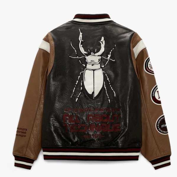 画像1: stag beetle embroidery leather jacket embroidery baseball uniform jacket blouson　ユニセッ クス男女兼用ビートルクワガタ刺繍ジャケットスタジアムジャンパー スタジャン ジャケットブルゾン (1)