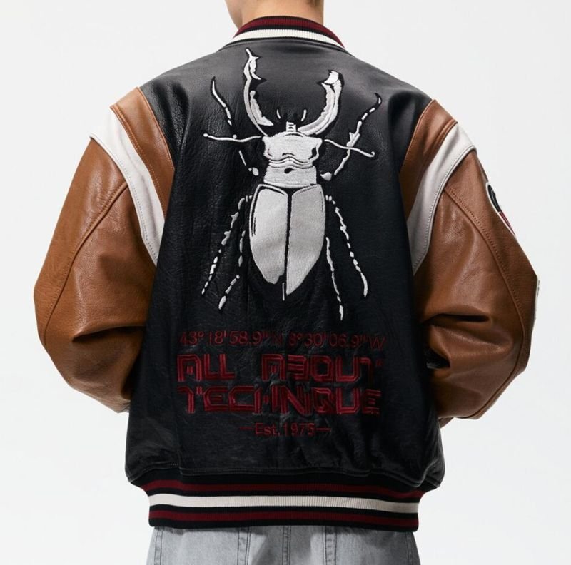 画像3: stag beetle embroidery leather jacket embroidery baseball uniform jacket blouson ユニセッ クス男女兼用ビートルクワガタ刺繍ジャケットスタジアムジャンパー スタジャン ジャケットブルゾン (3)