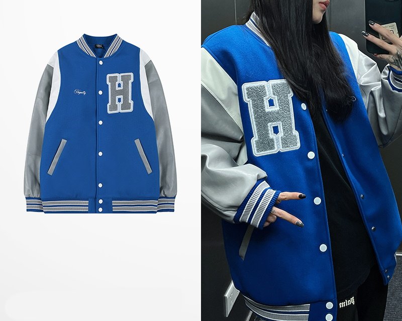 画像3: ruffian handsome hip-hopH logo embroidery baseball uniform jacket blouson ユニセッ クス男女兼用H刺繍ジャケットスタジアムジャンパー スタジャン ジャケットブルゾン (3)