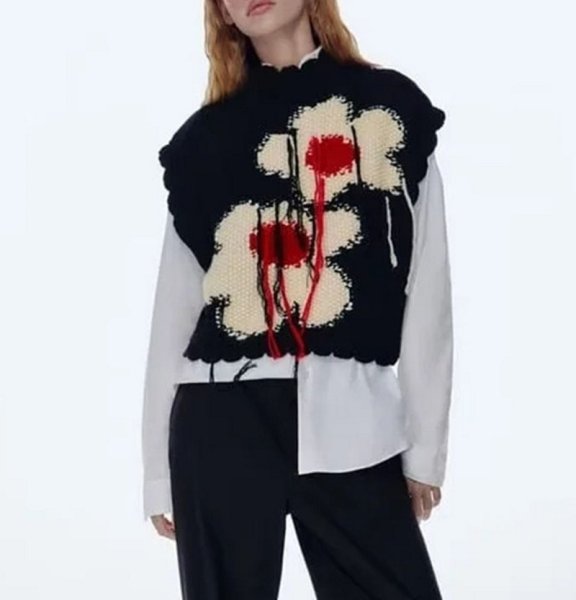 画像1: French retro style flower vest sweater　フレンチフラワーフリンジベストセーター  ニット (1)