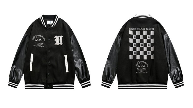 画像3: checkerboard embroidery baseball uniform jacket blouson ユニセッ クス男女兼用チェッカーボード刺繍ジャケットスタジアムジャンパー スタジャン ジャケットブルゾンバイカージャケット (3)