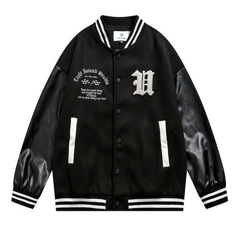 画像2: checkerboard embroidery baseball uniform jacket blouson ユニセッ クス男女兼用チェッカーボード刺繍ジャケットスタジアムジャンパー スタジャン ジャケットブルゾンバイカージャケット (2)