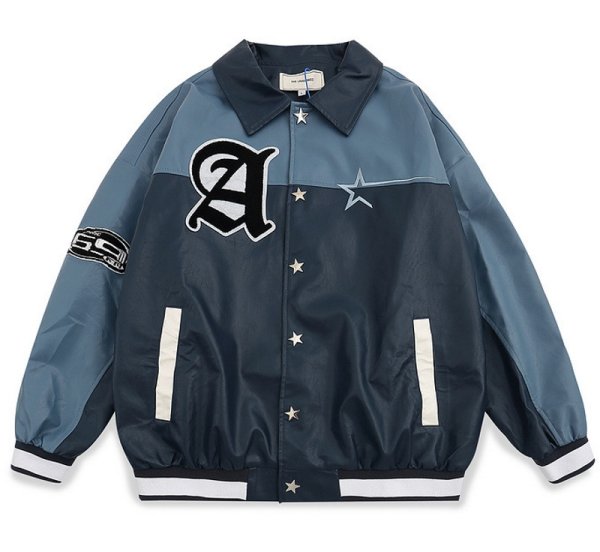 画像1: star button alphabet logo embroidery baseball uniform jacket blouson　ユニセッ クス男女兼用スター星ボタンアルファベットロゴ刺繍ジャケットスタジアムジャンパー スタジャン ジャケットブルゾンバイカージャケット (1)