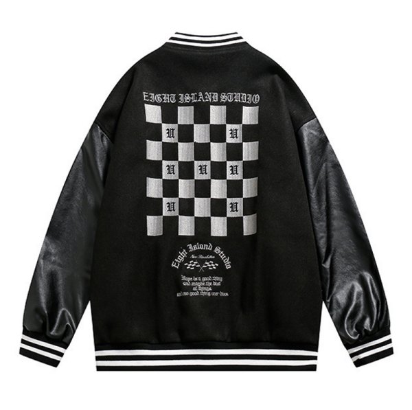 画像1: checkerboard embroidery baseball uniform jacket blouson　ユニセッ クス男女兼用チェッカーボード刺繍ジャケットスタジアムジャンパー スタジャン ジャケットブルゾンバイカージャケット (1)