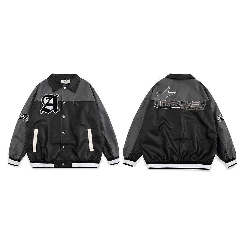 画像4: star button alphabet logo embroidery baseball uniform jacket blouson ユニセッ クス男女兼用スター星ボタンアルファベットロゴ刺繍ジャケットスタジアムジャンパー スタジャン ジャケットブルゾンバイカージャケット (4)