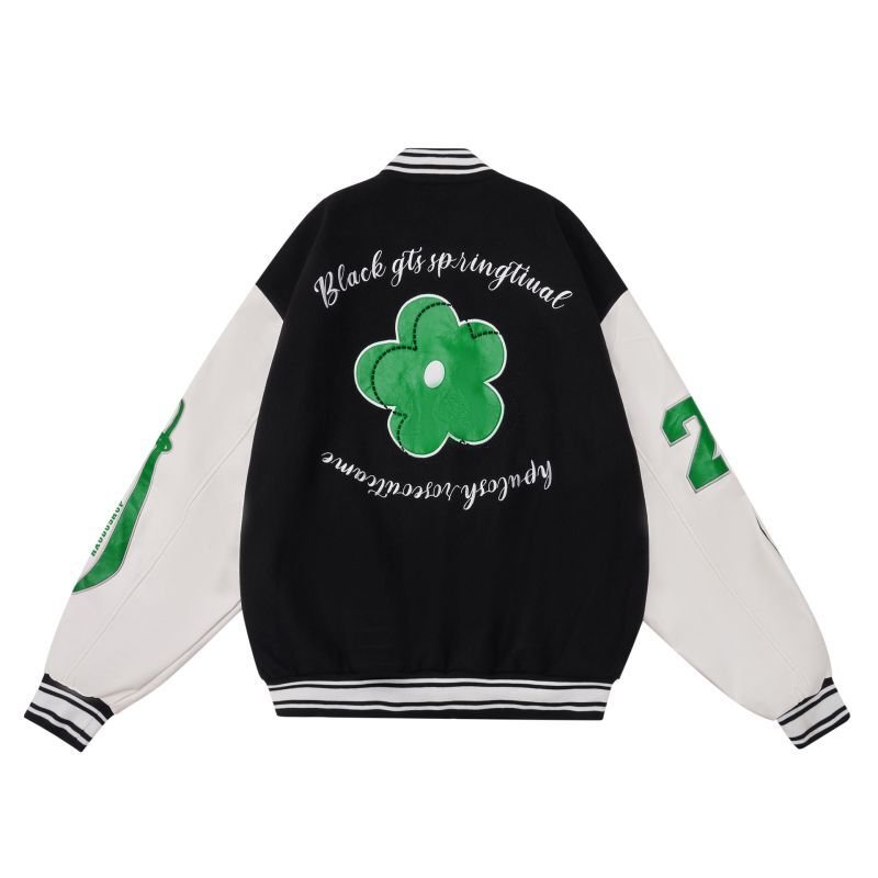 画像2: big flower embroidery baseball uniform jacket blouson ユニセッ クス男女兼用ビッグフラワー刺繍ジャケットスタジアムジャンパー スタジャン ジャケットブルゾンバイカージャケット (2)