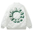 画像2: leather quilted flower circle logo embroidery baseball uniform jacket blouson　ユニセッ クス男女兼用レザーキルティングフラワーサークルロゴ刺繍ジャケットスタジアムジャンパー スタジャン ジャケットブルゾンバイカージャケット (2)