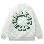 画像2: leather quilted flower circle logo embroidery baseball uniform jacket blouson　ユニセッ クス男女兼用レザーキルティングフラワーサークルロゴ刺繍ジャケットスタジアムジャンパー スタジャン ジャケットブルゾンバイカージャケット (2)