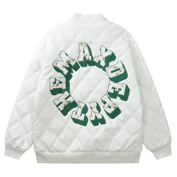 画像2: leather quilted flower circle logo embroidery baseball uniform jacket blouson　ユニセッ クス男女兼用レザーキルティングフラワーサークルロゴ刺繍ジャケットスタジアムジャンパー スタジャン ジャケットブルゾンバイカージャケット (2)