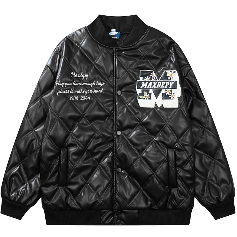 画像3: leather quilted flower circle logo embroidery baseball uniform jacket blouson　ユニセッ クス男女兼用レザーキルティングフラワーサークルロゴ刺繍ジャケットスタジアムジャンパー スタジャン ジャケットブルゾンバイカージャケット (3)