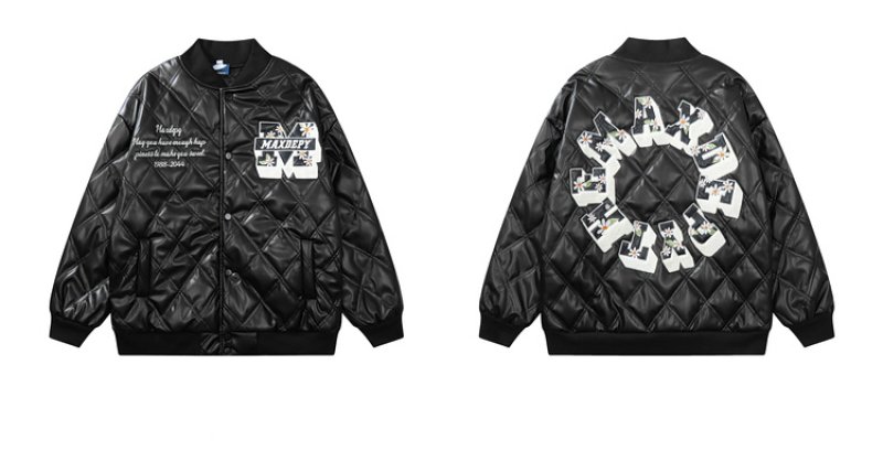 画像6: leather quilted flower circle logo embroidery baseball uniform jacket blouson　ユニセッ クス男女兼用レザーキルティングフラワーサークルロゴ刺繍ジャケットスタジアムジャンパー スタジャン ジャケットブルゾンバイカージャケット (6)