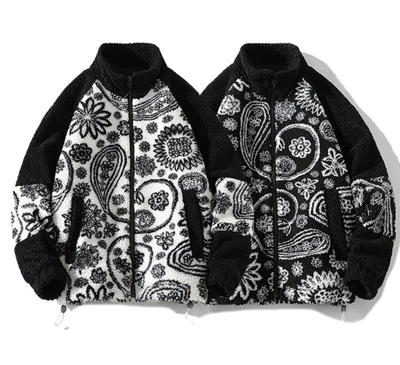 画像3: Paisley stand collar zip-up fleece jacket baseball uniform jacket blouson ユニセッ クス男女兼用ペイズリースタンドカラージップアップフリースジャケットスタジアムジャンパー スタジャン ジャケットブルゾンバイカージャケット (3)