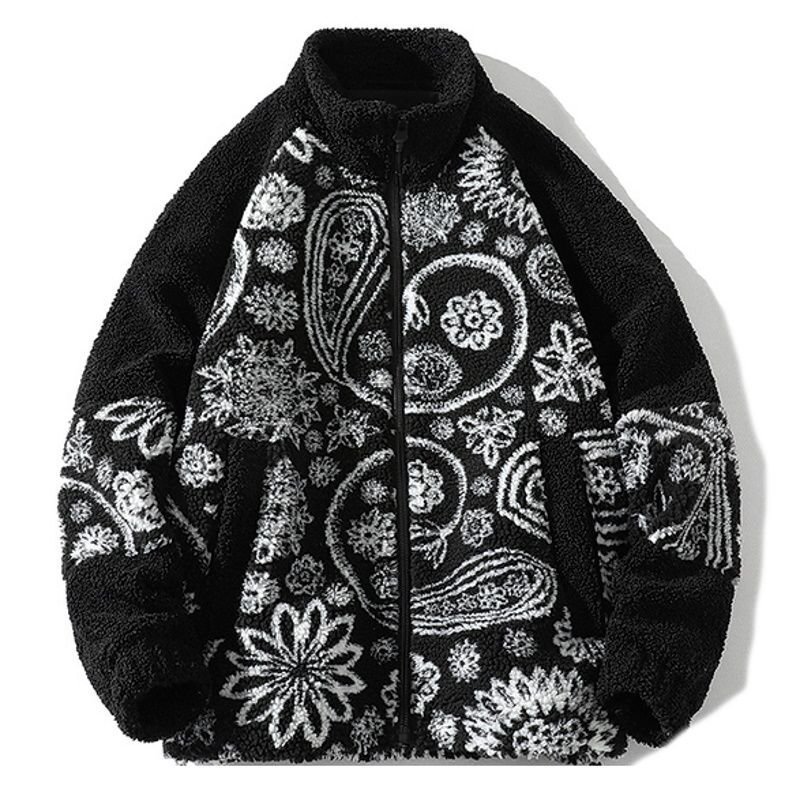 画像2: Paisley stand collar zip-up fleece jacket baseball uniform jacket blouson ユニセッ クス男女兼用ペイズリースタンドカラージップアップフリースジャケットスタジアムジャンパー スタジャン ジャケットブルゾンバイカージャケット (2)