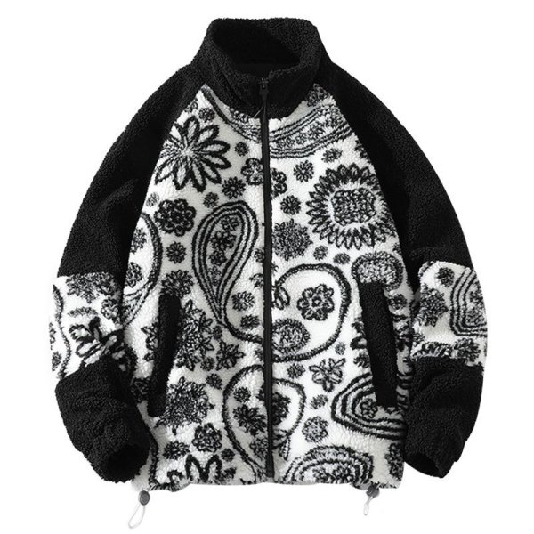 画像1: Paisley stand collar zip-up fleece jacket baseball uniform jacket blouson　ユニセッ クス男女兼用ペイズリースタンドカラージップアップフリースジャケットスタジアムジャンパー スタジャン ジャケットブルゾンバイカージャケット (1)