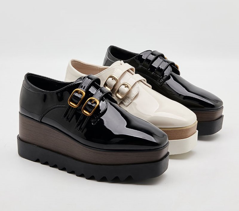 画像3: enamel platform lace-up square head loafers pumps エナメルダブルベルトプラットフォームパンプススリッポン (3)