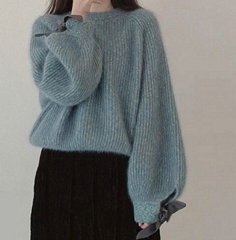画像5: sleeve length ribbon sweater 袖口リボンがポイント丸首ラウンドネックセータープルオーバ (5)