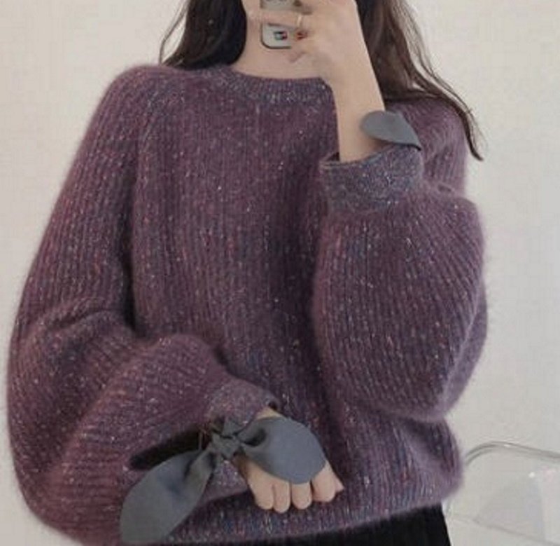 画像2: sleeve length ribbon sweater 袖口リボンがポイント丸首ラウンドネックセータープルオーバ (2)
