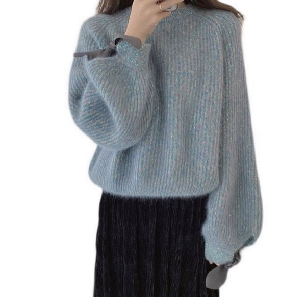 画像1: sleeve length ribbon sweater　袖口リボンがポイント丸首ラウンドネックセータープルオーバ (1)