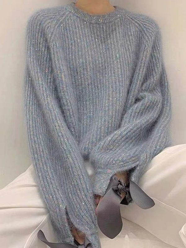 画像9: sleeve length ribbon sweater 袖口リボンがポイント丸首ラウンドネックセータープルオーバ (9)