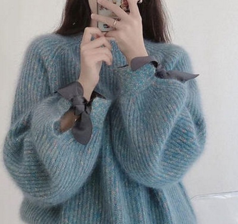 画像3: sleeve length ribbon sweater 袖口リボンがポイント丸首ラウンドネックセータープルオーバ (3)