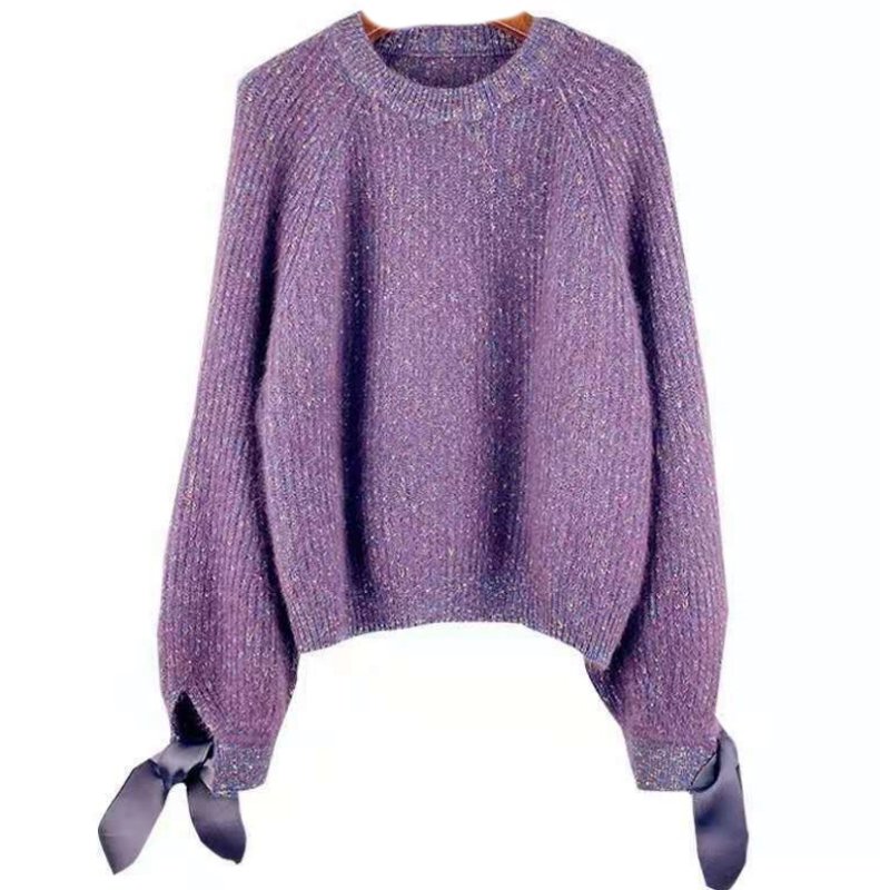 画像8: sleeve length ribbon sweater 袖口リボンがポイント丸首ラウンドネックセータープルオーバ (8)