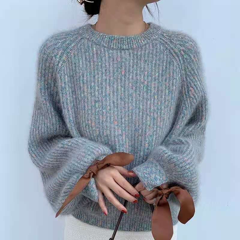 画像7: sleeve length ribbon sweater 袖口リボンがポイント丸首ラウンドネックセータープルオーバ (7)