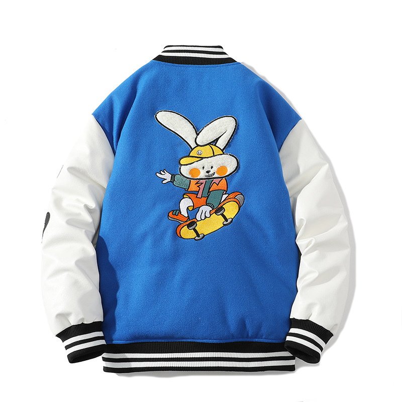画像3:  Batting down rabbit embroideryjacket baseball uniform jacket blouson ユニセッ クス男女兼用中綿ダウン入りラビット&スマイル刺繍エンブレムジャケットスタジアムジャンパー スタジャン ブルゾンバイカージャケット (3)