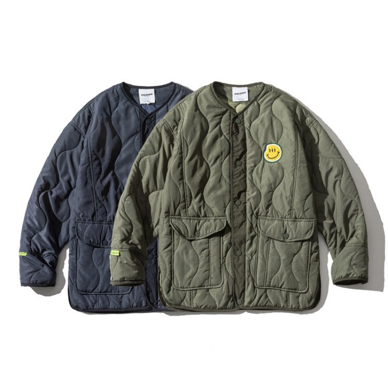 画像3: with smile emblem no color quilted jacket light down jacket baseball uniform jacket blouson ユニセッ クス男女兼用ノーカラースマイルエンブレム付きキルティングジャケットスタジアムジャンパー スタジャン ブルゾン (3)