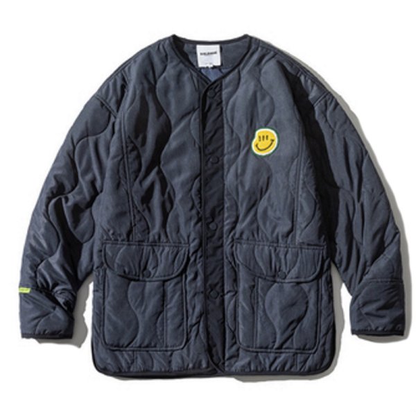 画像1: with smile emblem no color quilted jacket light down jacket baseball uniform jacket blouson　ユニセッ クス男女兼用ノーカラースマイルエンブレム付きキルティングジャケットスタジアムジャンパー スタジャン ブルゾン (1)