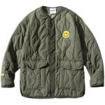 画像2: with smile emblem no color quilted jacket light down jacket baseball uniform jacket blouson　ユニセッ クス男女兼用ノーカラースマイルエンブレム付きキルティングジャケットスタジアムジャンパー スタジャン ブルゾン (2)