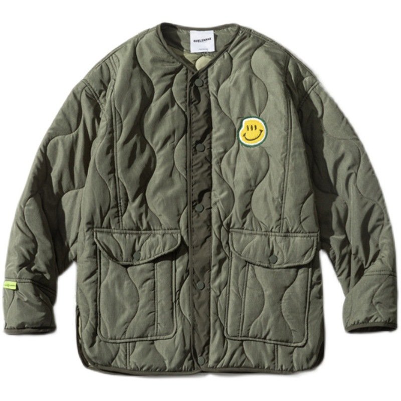 画像2: with smile emblem no color quilted jacket light down jacket baseball uniform jacket blouson ユニセッ クス男女兼用ノーカラースマイルエンブレム付きキルティングジャケットスタジアムジャンパー スタジャン ブルゾン (2)