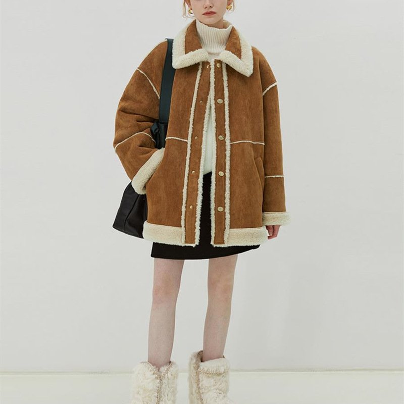 画像4: imitation lamb fur Jacket coat　　ファートリミングエコシープスキンジャケット ブルゾンコート (4)