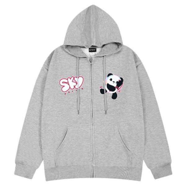 画像1: panda print zip up hoodie sweater  ユニセックス 男女兼用 パンダプリント フーディスウェットパーカー (1)