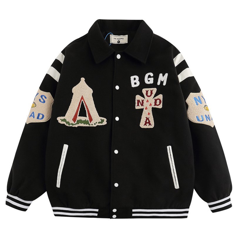 画像2: cross chapel embroidery jacket baseball uniform jacket blouson ユニセッ クス男女兼用クロスチャペル刺繍ジャケットスタジアムジャンパー スタジャン ブルゾンバイカージャケット (2)