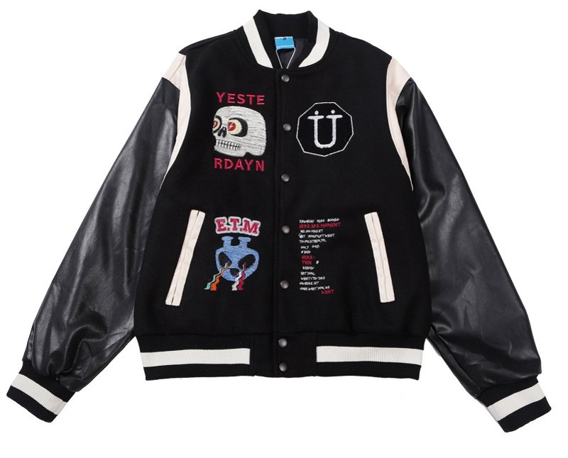 画像2: skull ETL embroidery jacket baseball uniform jacket blouson ユニセッ クス男女兼用スカルポップ刺繍ジャケットスタジアムジャンパー スタジャン ブルゾンバイカージャケット (2)