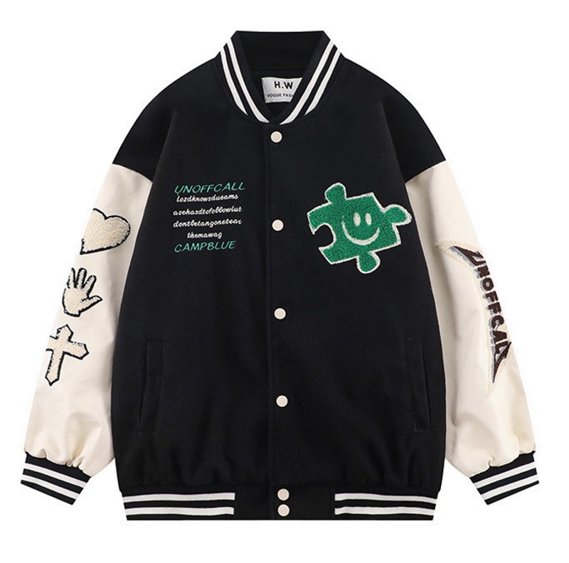 画像2: jigsaw puzzle  smile embroidery jacket baseball uniform jacket blouson ユニセッ クス男女兼用刺繍ジグソーパズルスマイルジャケットスタジアムジャンパー スタジャン ブルゾンバイカージャケット (2)