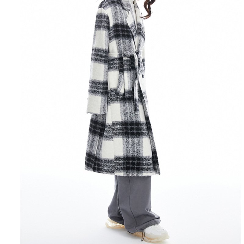 画像4: black and white plaid long coat Jacket ブラック&ホワイト チェックウールロングコート ジャケット (4)