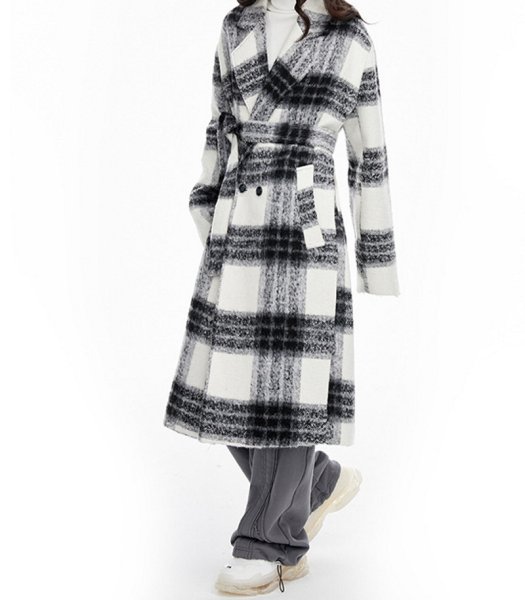 画像1: black and white plaid long coat Jacket　ブラック＆ホワイト チェックウールロングコート ジャケット (1)