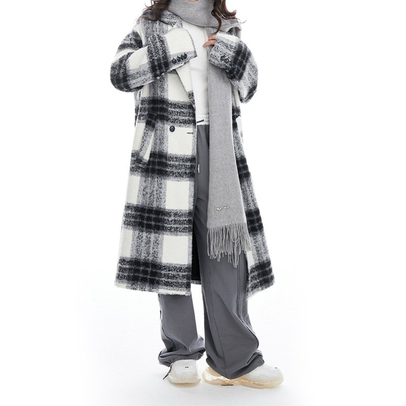 画像3: black and white plaid long coat Jacket ブラック&ホワイト チェックウールロングコート ジャケット (3)