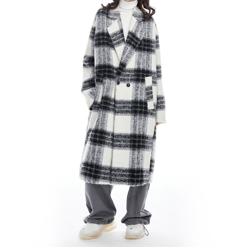 画像2: black and white plaid long coat Jacket ブラック&ホワイト チェックウールロングコート ジャケット (2)