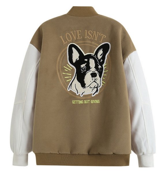 画像1: bulldog embroidery jacket baseball uniform jacket blouson　ユニセッ クス男女兼用ブルドッグ 犬刺繍ジャケットスタジアムジャンパー スタジャン ブルゾンバイカージャケット (1)