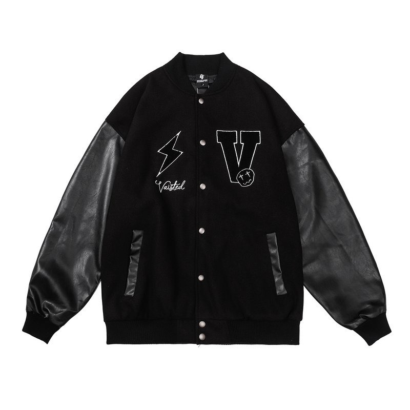 画像4: smiling face flocking embroidery Jumper jacket baseball uniform jacket blouson　ユニセッ クス男女兼用スマイリングジャケットスタジアムジャンパー スタジャン ブルゾンジャケット (4)