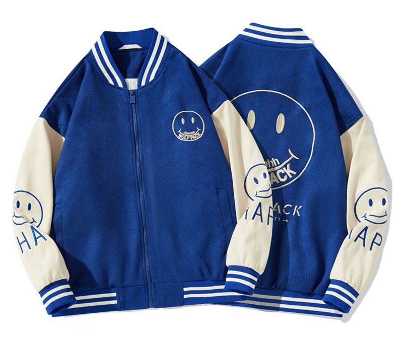 画像1: smile zip up embroidery Jumper jacket baseball uniform jacket blouson　ユニセッ クス男女兼用スマイルジップアップジャケットスタジアムジャンパー スタジャン ブルゾンジャケット (1)
