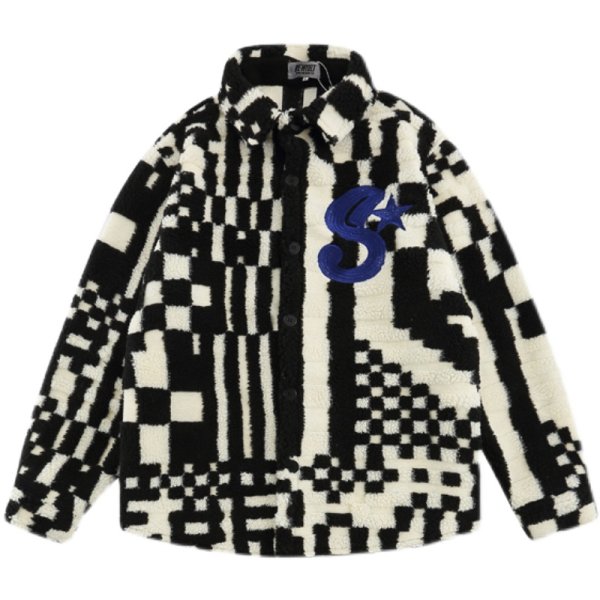 画像1: Striped Lamb Plush Shirt JacketJumper jacket baseball uniform jacket blouson　ユニセッ クス男女兼用ストライプ ラム プラッシュ シャツ ジャケットスタジアムジャンパー スタジャン ブルゾンジャケット (1)