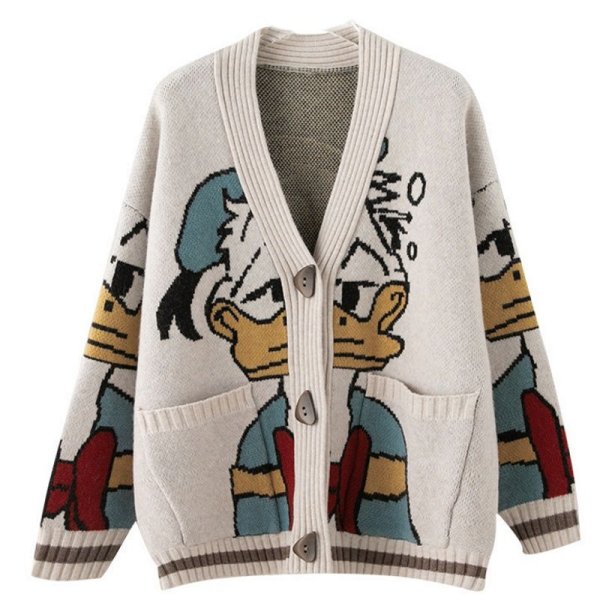 画像1: Donald Duck Braided V-Neck Cardigan Knit Sweater  Jacket   ドナルドダック編み込みVネック ニット カーディガン (1)