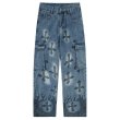画像1: Unisex CROSS PRINT CARGO DENIM PANTS jeans  Pants　ユニセッククロスプリントデニムカーゴパンツジーンズパンツ (1)
